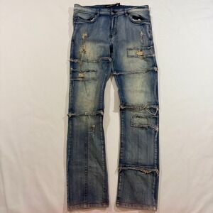 Legendary Status Jeans Mens 34 Blue Good Distressed Patchwork Raw Hem Streetwear